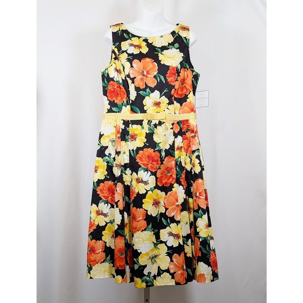 Vintage Y2K Dress Black Floral Print Midi Sleeveless Women's Size 14 New